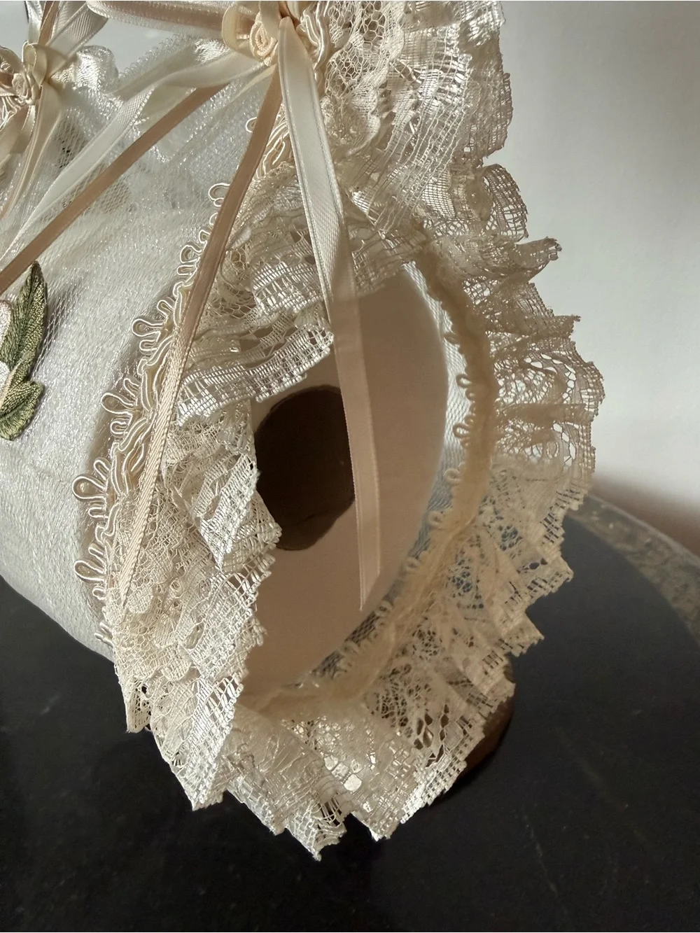 Hand Crafted Beige and Ivory Lace Toilet Paper Sachet & Hand Towel Set